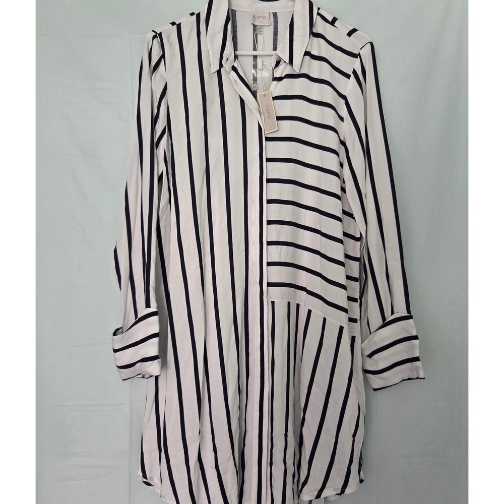 Cupio Womens Large Mixed‎ Stripe Button Down Tunic Top Navy White Viscose L/G